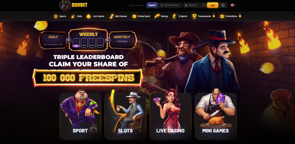 DonBet casino homepage featuring the Italian mafia theme and welcome bonus display