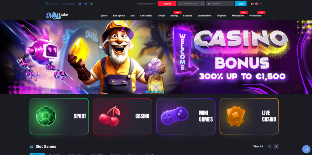 MyStake casino homepage showing the main lobby and navigation