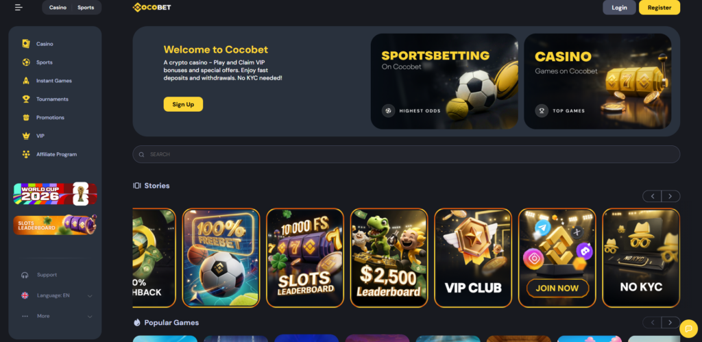 CocoBet casino homepage displaying the main game lobby and promotions banner