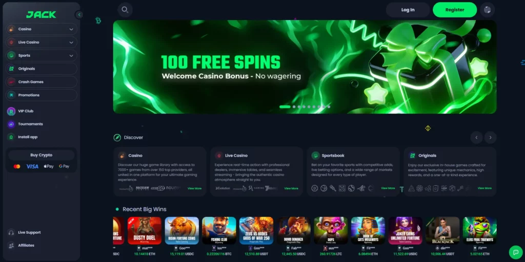 JACK casino homepage at jack.com showing the crypto-first interface and game lobby